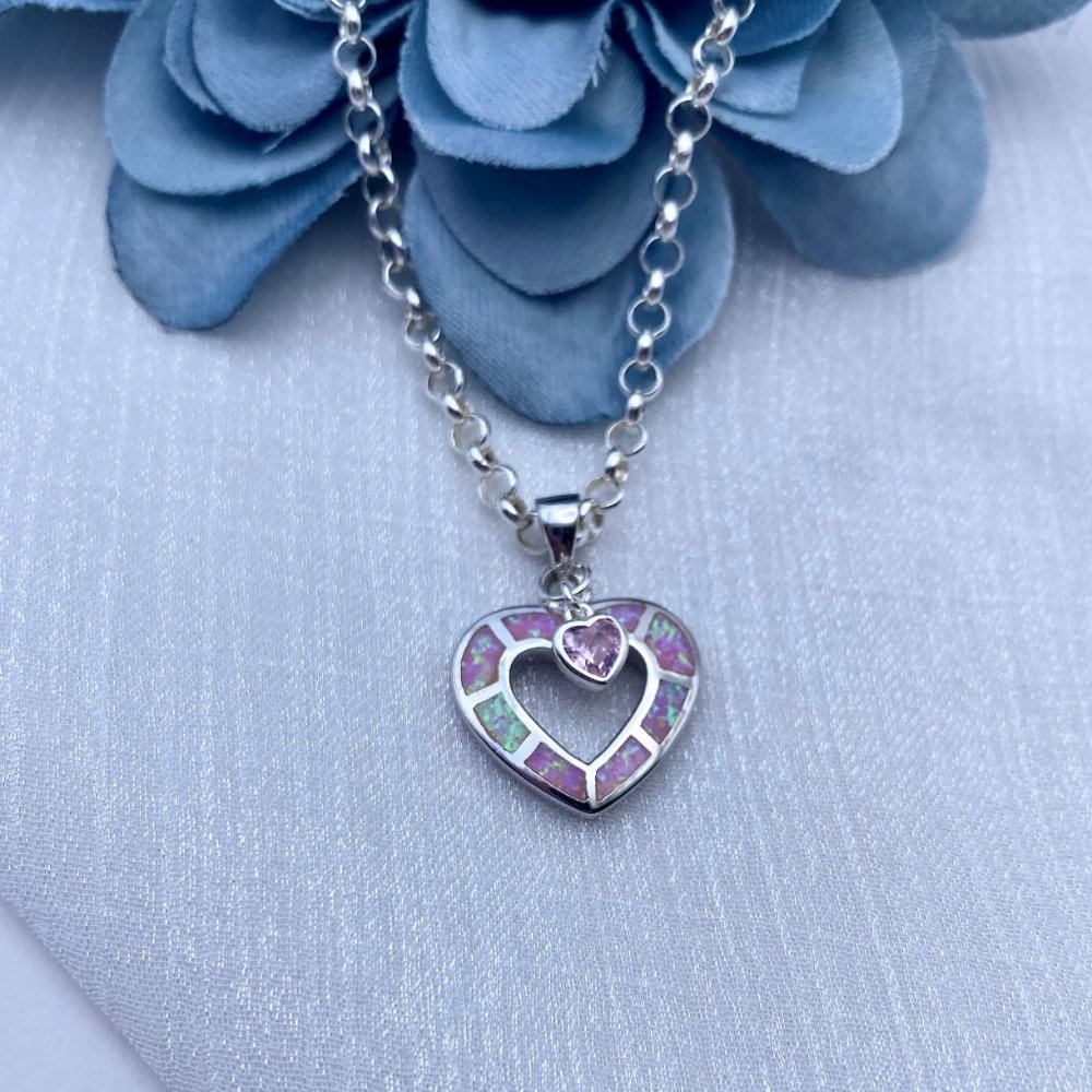 Sterling Silver Pink Lab Opal Multicolor Heart Pendant Necklace